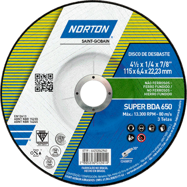 Disco de Desbaste 114,3x6,4x22,2  Centro Deprimido Metales no ferrosos BDA 650 - Metales no ferrosos