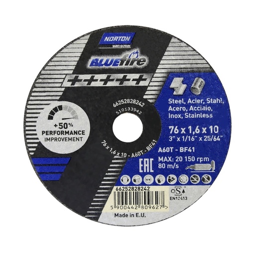 [66252828242] Disco de Corte 076,0x1,6x10,0 Blue Fire Plano Materiales ferrosos y aceros inox.